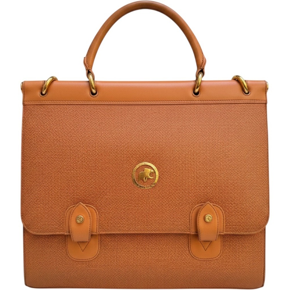 Hunting World Vintage Tan Leather Elephant Logo Briefcase Laptop Bag Gold Tone